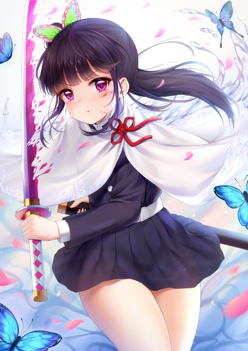 1girl absurdres animal bangs black_hair black_jacket black_skirt blue_butterfly bug butterfly butterfly_hair_ornament cloak commentary_request eyebrows_visible_through_hair hair_ornament highres holding holding_sheath holding_sword holding_weapon insect jacket katana kimetsu_no_yaiba long_hair long_sleeves looking_at_viewer parted_lips petals pleated_skirt revision sheath side_ponytail skirt solo sword taitai tsuyuri_kanao v-shaped_eyebrows violet_eyes water weapon white_cloak