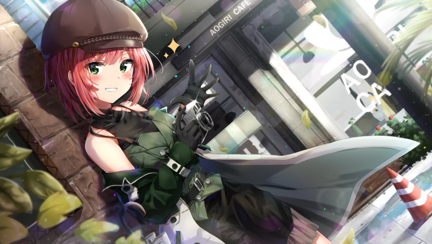 1girl aogiri_koukou_game_club bangs bare_shoulders belt belt_buckle black_belt black_dress black_gloves blurry blurry_background blush brown_headwear buckle cabbie_hat camera commentary day depth_of_field dress dutch_angle eyebrows_visible_through_hair glint gloves green_eyes green_jacket green_vest grin hair_between_eyes hat highres holding holding_camera ishikari_akari jacket kuria_(clear_trip_second) looking_at_viewer off_shoulder open_clothes open_jacket outdoors redhead revision sleeveless sleeveless_dress smile solo sparkle storefront symbol_commentary traffic_cone vest virtual_youtuber