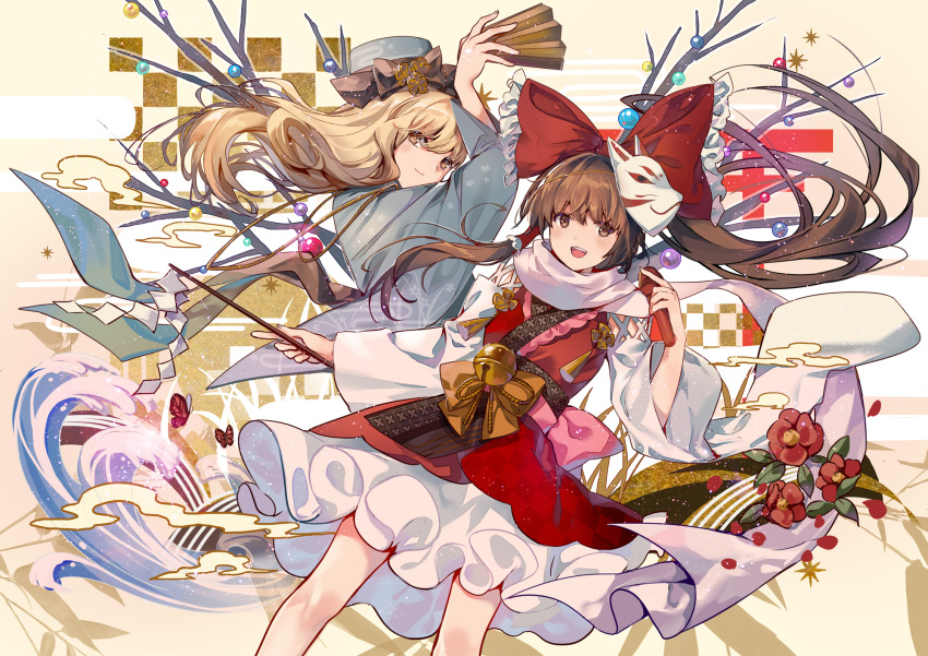 2girls :d bangs beige_background black_bow blonde_hair blue_headwear blush bow brown_eyes brown_hair commentary elise_(piclic) fan feet_out_of_frame floating_hair flower folding_fan fox_mask frilled_bow frills gohei hair_bow hakurei_reimu hand_up hat hat_bow highres holding holding_fan japanese_clothes kimono kirisame_marisa leaf long_hair long_sleeves looking_at_viewer mask mask_on_head multiple_girls open_mouth petals petticoat red_bow red_flower red_kimono scarf short_kimono smile touhou white_scarf wide_sleeves yellow_eyes