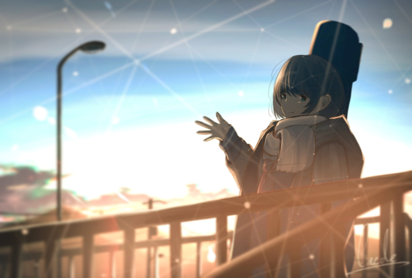 1girl artist_name blue_eyes blue_sky blurry blurry_background caede coat guitar highres instrument lamppost original outdoors railing scarf scenery short_hair sky solo standing sunlight sunrise white_scarf