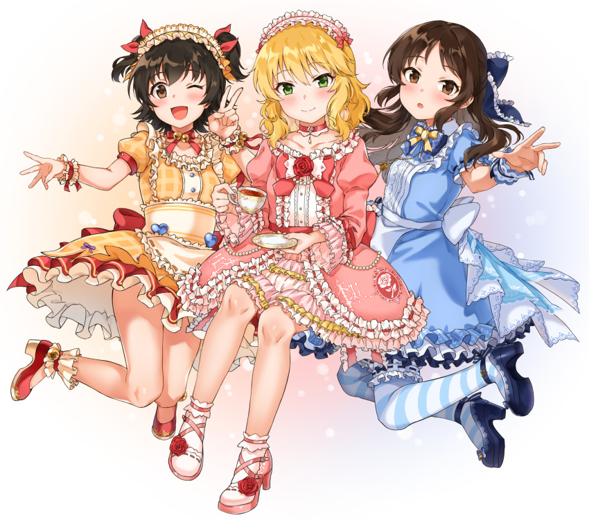 3girls :d :o akagi_miria ankle_bell ankle_garter ankle_ribbon ankle_strap apron argyle_neckwear back_bow bell black_hair blonde_hair blue_bow blush bobby_socks bow bowtie brooch brown_eyes brown_hair choker collarbone commentary cup dress english_commentary eyebrows_visible_through_hair flower food frilled_apron frilled_bow frilled_dress frilled_garter frilled_hairband frilled_legwear frilled_sleeves frills fruit full_body green_eyes hair_bow hair_ribbon hairband half_updo heart high_heels highres holding holding_cup holding_plate horizontal_stripes idolmaster idolmaster_cinderella_girls idolmaster_cinderella_girls_starlight_stage jewelry jingle_bell juliet_sleeves key key_necklace layered_dress loafers lolita_hairband long_sleeves looking_at_viewer mary_janes medium_hair multiple_girls neck_bell neck_ribbon necklace one_eye_closed open_mouth outstretched_arm pink_bow pink_dress pink_hairband plate puffy_short_sleeves puffy_sleeves red_bow red_ribbon ribbon rose sakurai_momoka shoes short_hair short_sleeves simple_background sirurabbit smile socks striped striped_legwear striped_ribbon tachibana_arisu tea teacup thigh-highs two_side_up v wavy_hair wide_sleeves wrist_cuffs wrist_ribbon zettai_ryouiki