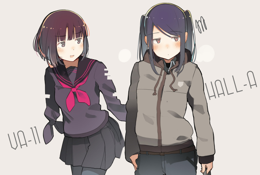 2girls amputee anna_graem blush commentary_request copyright_name eyebrows_visible_through_hair fuu_fuu hood hooded_jacket hoodie jacket jill_stingray multiple_girls purple_hair school_uniform serafuku short_hair twintails va-11_hall-a violet_eyes