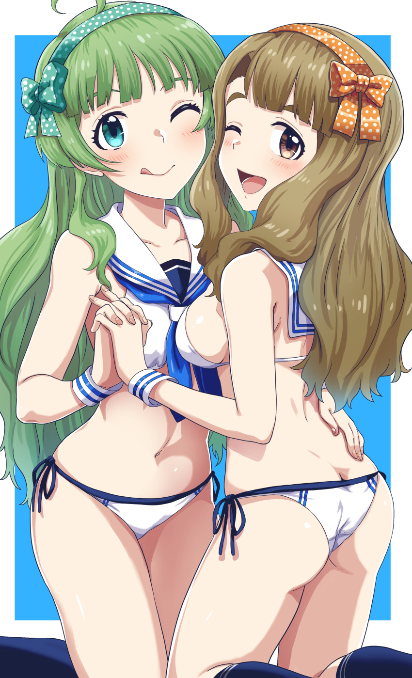 2girls ;d ;q absurdres ahoge aqua_bow aqua_eyes aqua_hairband ass back bangs bare_legs bare_shoulders bikini blue_background blue_eyes blue_legwear blue_neckwear blue_ribbon blunt_bangs blush border bow breasts brown_eyes brown_hair closed_mouth green_hair hairband hand_on_another's_back highres holding_hands idolmaster idolmaster_million_live! interlocked_fingers kneehighs kneeling long_hair looking_back medium_breasts miyao_miya multiple_girls navel neckerchief one_eye_closed open_mouth orange_bow orange_hairband outside_border polka_dot polka_dot_bow polka_dot_hairband ribbon run_p_(aveton) sailor_bikini sailor_collar shimabara_elena sideboob simple_background smile stomach swimsuit tareme tongue tongue_out very_long_hair white_bikini white_border