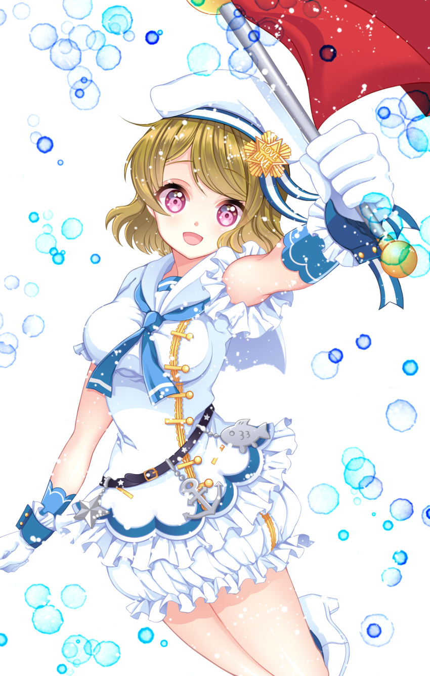1girl anchor_symbol artist_request asymmetrical_bangs bangs belt black_belt breasts brown_hair bubble collar collared_dress cuffs dress flag frilled_sleeves frills gloves hat highres holding holding_flag koizumi_hanayo looking_at_viewer love_live! love_live!_school_idol_project medium_breasts neckerchief open_mouth pink_eyes sailor_collar sailor_dress sailor_hat short_hair short_sleeves simple_background solo white_dress white_gloves white_headwear