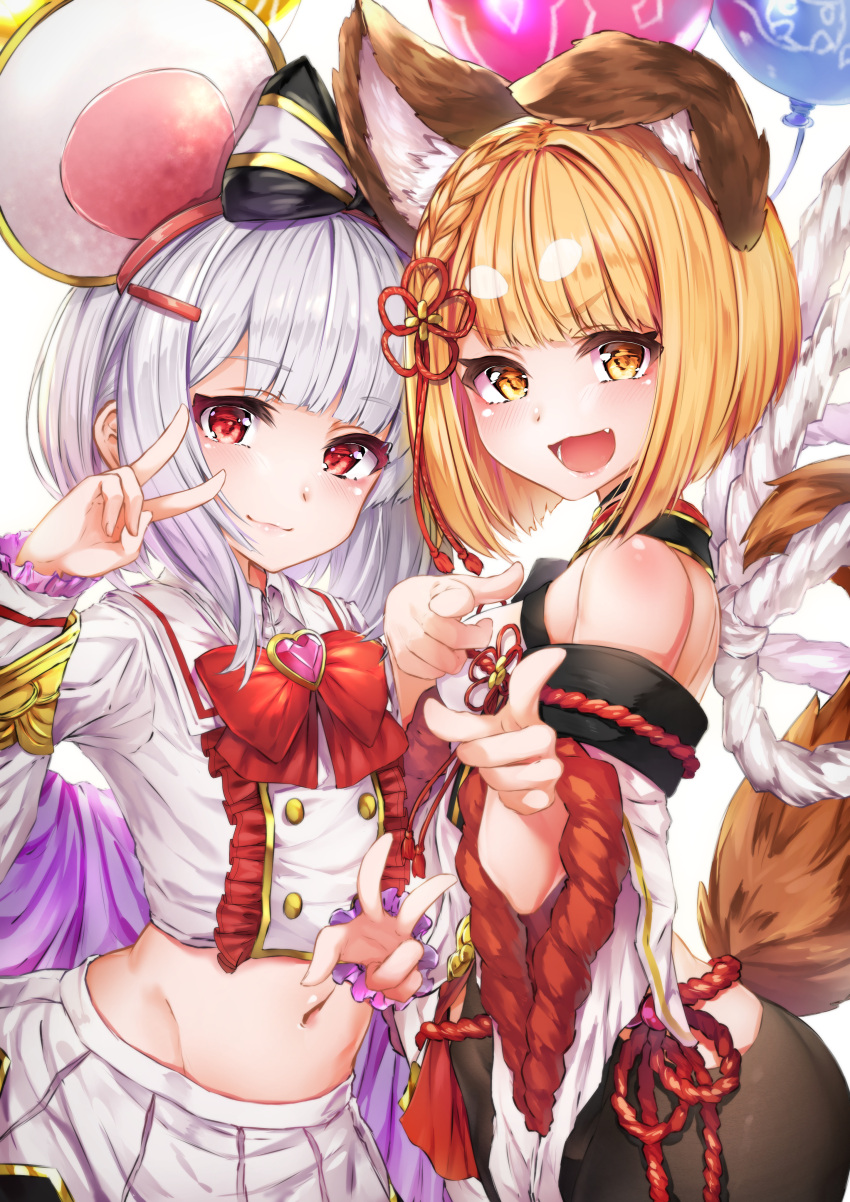 2girls :d absurdres animal_ear_fluff animal_ears balloon bangs bare_shoulders black_legwear blonde_hair blush bow braid collared_shirt detached_sleeves dog_ears erune eyebrows_visible_through_hair fake_animal_ears fang granblue_fantasy hair_bow hair_ornament hairclip heart highres hyouta_(yoneya) lips long_sleeves looking_at_viewer midriff mouse_ears multiple_girls navel new_year open_mouth pantyhose pleated_skirt red_eyes rope shimenawa shirt short_hair silver_hair simple_background skirt smile tail upper_body v vajra_(granblue_fantasy) vikala_(granblue_fantasy) white_background white_shirt white_skirt wide_sleeves