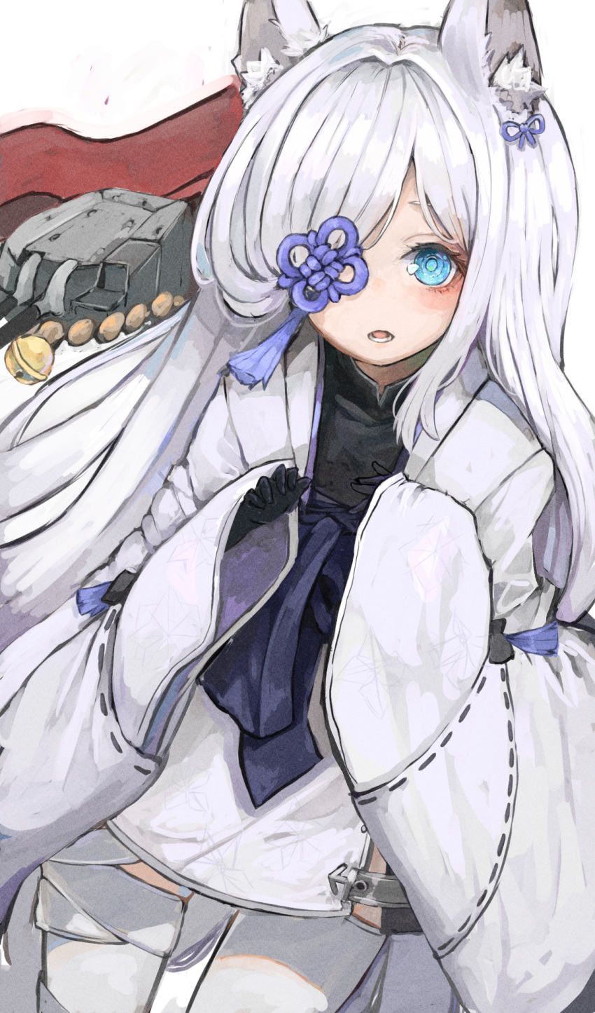 1girl animal_ear_fluff animal_ears azur_lane bandaged_leg bandages bangs bell black_gloves blue_eyes blue_ribbon commentary dress flower_eyepatch fox_ears from_above gloves hair_over_one_eye hair_ribbon highres japanese_clothes jingle_bell kasumi_(azur_lane) kimono long_hair long_sleeves looking_at_viewer nyucha parted_lips ribbon ribbon-trimmed_sleeves ribbon_trim rigging solo thigh-highs white_dress white_hair white_legwear wide_sleeves