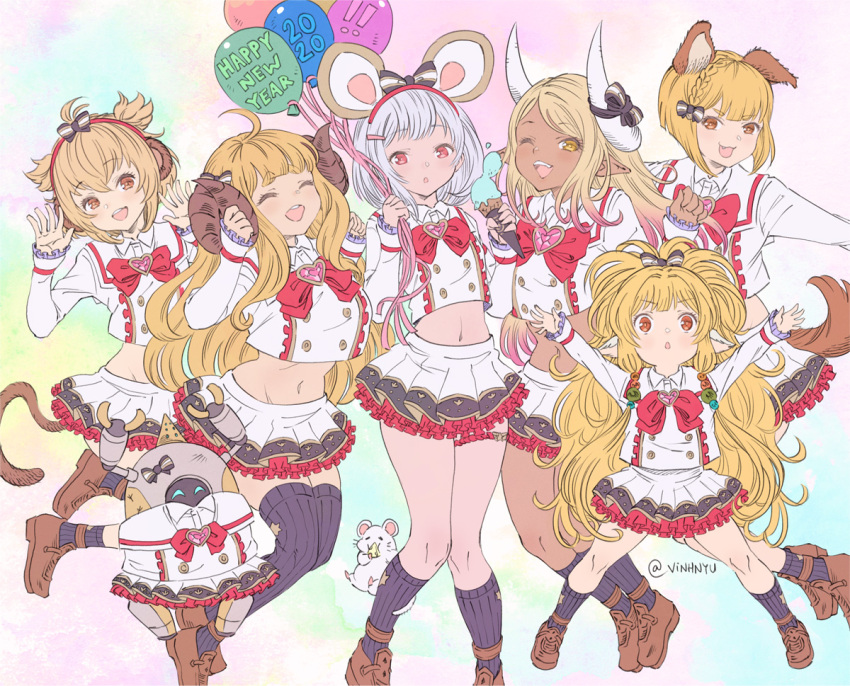 2020 6+girls :d ahoge andira_(granblue_fantasy) anila_(granblue_fantasy) animal animal_ears balloon bangs black_legwear blonde_hair blunt_bangs blush bow braid breasts brown_footwear cheese closed_eyes collared_shirt cosplay dark_skin dog_ears dog_tail draph erune eyebrows_visible_through_hair fake_animal_ears fang food granblue_fantasy hair_bow hair_ornament hairband hairclip happy_new_year harvin horns ice_cream jumping kuvira_(granblue_fantasy) large_breasts long_hair long_sleeves looking_at_viewer mahira_(granblue_fantasy) midriff monkey_ears monkey_tail mouse_ears multiple_girls navel new_year open_mouth pleated_skirt pointy_ears rat red_eyes sheep_horns shirt short_hair silver_hair skirt smile tail thigh-highs twintails two_side_up vajra_(granblue_fantasy) very_long_hair vikala_(granblue_fantasy) vikala_(granblue_fantasy)_(cosplay) vinhnyu white_shirt white_skirt yellow_eyes
