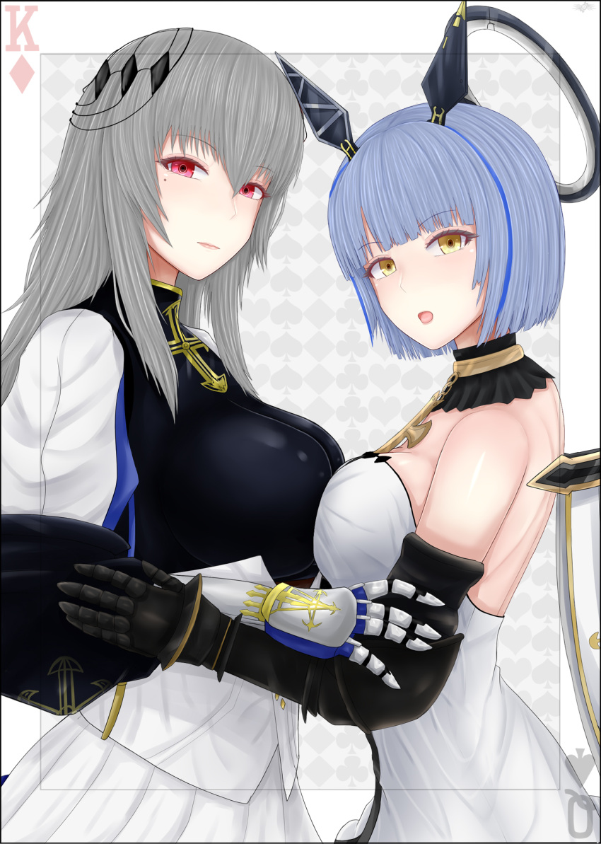 archstreal asymmetrical_docking azur_lane bangs bare_shoulders blue_hair breast_press breasts corset dress gascogne_(azur_lane) gauntlets grey_hair hair_between_eyes hair_ornament highres large_breasts long_hair looking_at_viewer medium_breasts mole mole_under_eye red_eyes saint-louis_(azur_lane) short_hair strapless strapless_dress symmetrical_docking white_dress yellow_eyes