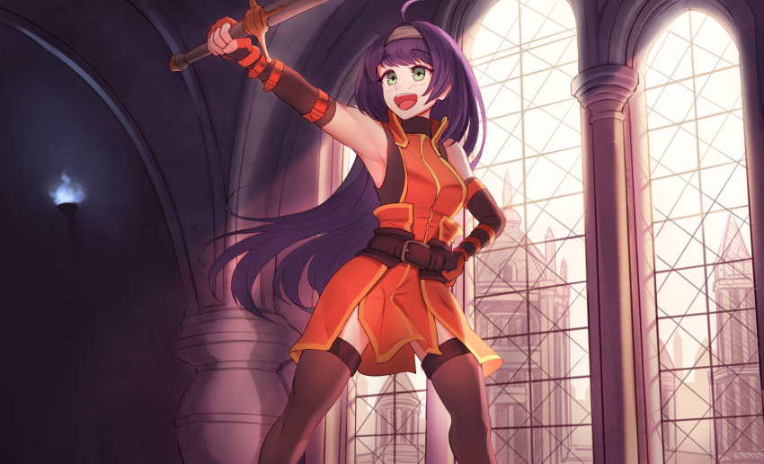 1girl :d arm_belt arm_up armpits awan0918 bare_shoulders belt black_belt black_gloves black_legwear blue_hair blush breasts day dress elbow_gloves facing_viewer fingerless_gloves fire fire_emblem fire_emblem:_akatsuki_no_megami fire_emblem:_radiant_dawn fire_emblem_10 gloves green_eyes hairband hand_on_hip highres holding holding_sword holding_weapon indoors intelligent_systems long_hair medium_breasts mia_(fire_emblem) nintendo open_mouth orange_belt orange_dress sleeveless sleeveless_dress smile solo sword thigh-highs upper_teeth very_long_hair weapon