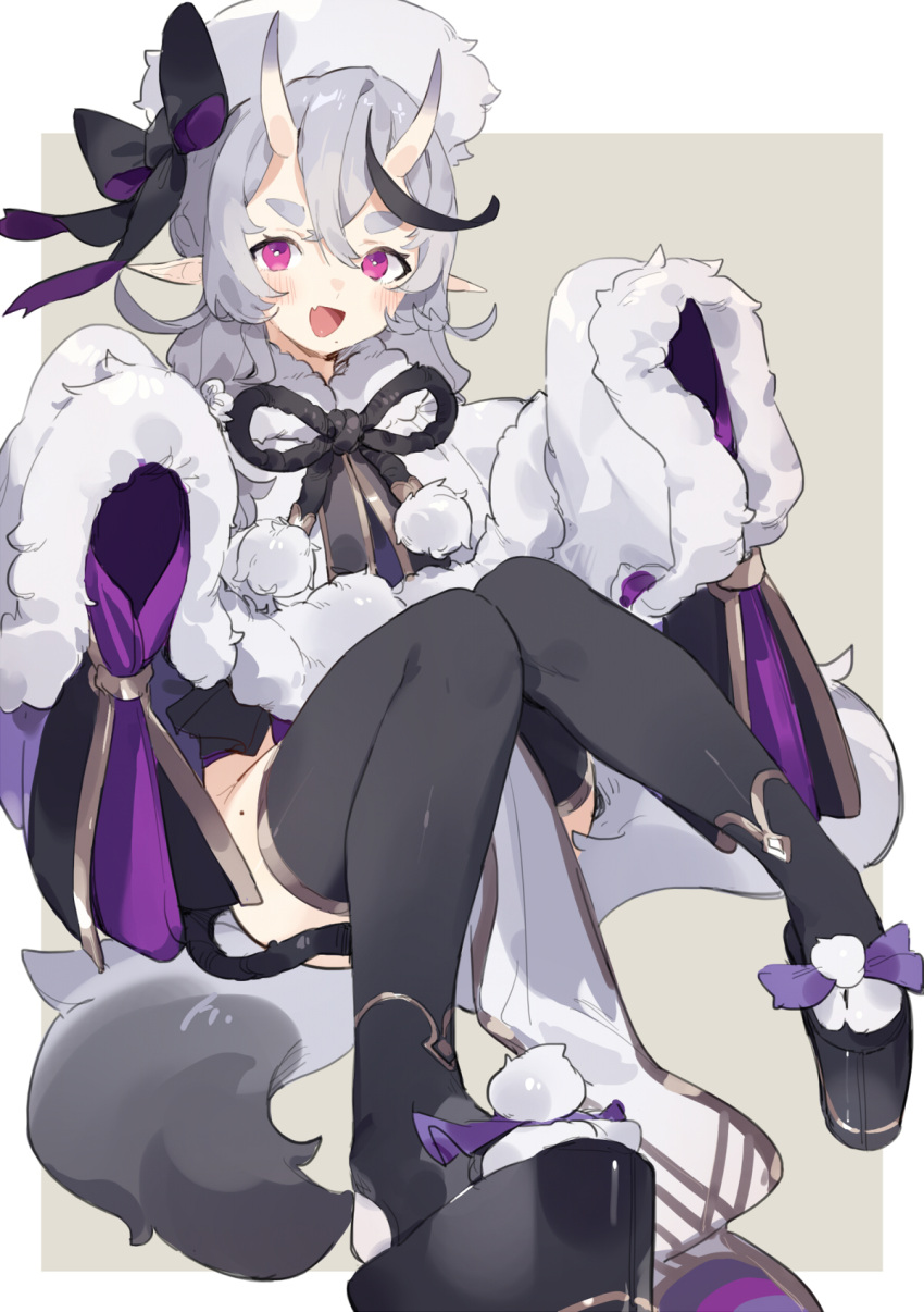 1girl bangs black_bow black_legwear blush bow fake_tail fang full_body fur_trim geta grey_background hair_between_eyes hat highres japanese_clothes long_hair long_sleeves looking_at_viewer mole mole_on_thigh mole_under_mouth nijisanji oni oni_horns open_mouth pointy_ears rindou_mikoto sh_(562835932) simple_background sitting skin-covered_horns skin_fang sleeves_past_fingers sleeves_past_wrists smile solo tabi tail thick_eyebrows thigh-highs violet_eyes virtual_youtuber white_headwear wide_sleeves