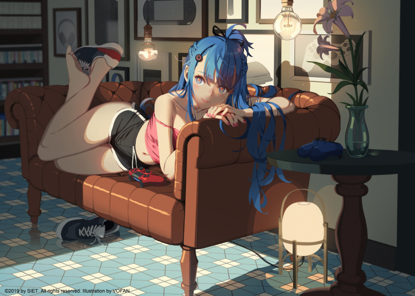 ai-chan_(playstation) bangs bare_legs black_shorts blue_eyes blue_hair blurry blurry_background blush bookshelf chinese_commentary collarbone commentary_request controller couch dualshock eyelashes flower full_body game_console game_controller gamepad hair_ornament handheld_game_console highres indoors lamp legs light_bulb long_hair looking_at_viewer lying midriff nail_polish navel on_couch on_side picture_frame pink_nails pink_shirt playstation playstation_3 playstation_controller playstation_portable shadow shirt shoe_removed shoes short_shorts shorts smile sneakers soles sony strap_slip tank_top tile_floor tiles vase vofan