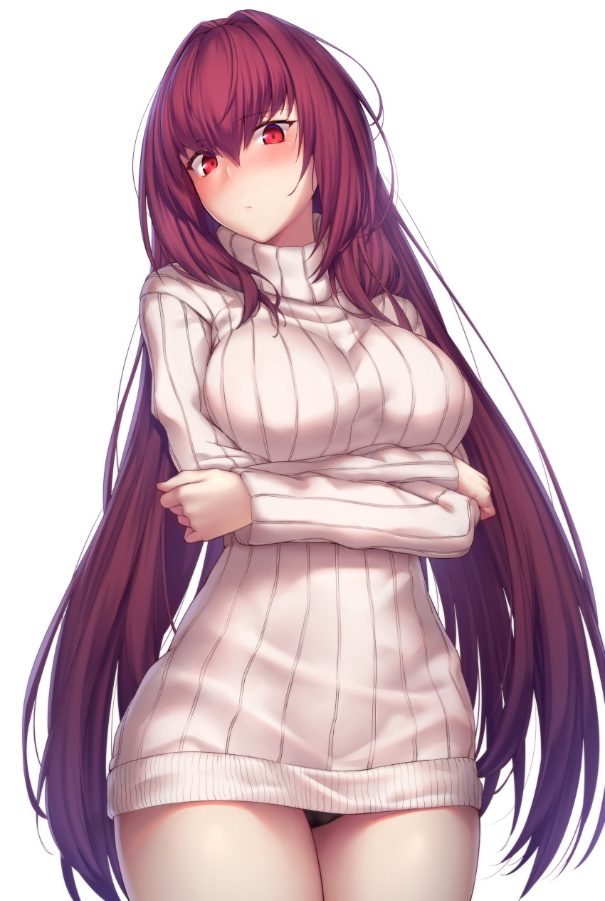 1girl absurdres bangs black_panties blush breasts check_commentary closed_mouth commentary commentary_request crossed_arms fate/grand_order fate_(series) hair_between_eyes highres large_breasts long_hair long_sleeves looking_at_viewer lun7732 panties purple_hair red_eyes ribbed_sweater scathach_(fate)_(all) scathach_(fate/grand_order) simple_background solo sweater thighs turtleneck turtleneck_sweater underwear white_background