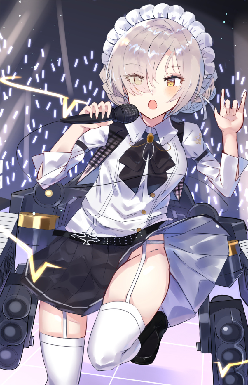 1girl azur_lane bangs belt black_footwear black_neckwear black_skirt blush buttons collared_shirt commentary_request double-breasted eyebrows_visible_through_hair eyes_visible_through_hair garter_belt garter_straps hair_over_one_eye highres holding holding_microphone looking_at_viewer maid_headdress microphone music neckerchief no_panties open_mouth partial_commentary platinum_blonde_hair pleated_skirt revision sheffield_(azur_lane) sheffield_(muse)_(azur_lane) shirt shoes singing skirt solo standing standing_on_one_leg thigh-highs thighs white_legwear white_shirt xenonstriker yellow_eyes