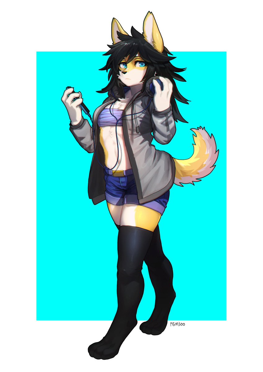 1girl absurdres animal_feet artist_name black_hair blue_background blue_eyes border breasts chest_sarashi commission denim denim_shorts full_body furry furry_female hair_between_eyes headphones headphones_around_neck highres holding holding_phone hood hood_down hoodie long_sleeves midriff navel original pgm300 phone sarashi shorts simple_background small_breasts solo standing thigh-highs two-tone_background watermark white_border