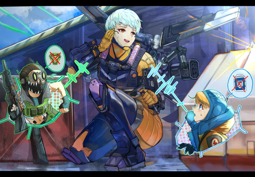 1boy 2girls animification apex_legends arm_tattoo black_footwear black_headwear blonde_hair blue_eyes blue_gloves blue_headwear bodysuit boots brown_eyes cropped_vest energy_gun gloves goggles green_vest grey_hair gun headset highres holding holding_gun holding_weapon hood hooded_jacket jacket jetpack mask midriff missile_pod mouth_mask multiple_girls navel octane_(apex_legends) open_mouth orange_bodysuit orange_jacket orr_(kkkkbbbbc) short_hair solo_focus squatting submachine_gun tattoo thigh-highs thigh_boots valkyrie_(apex_legends) vest volt_smg wattson_(apex_legends) weapon