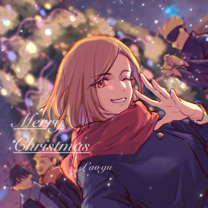 1girl 3boys black_hair black_jacket blindfold breasts brown_eyes brown_hair christmas_tree closed_eyes covered_eyes facial_mark fushiguro_megumi gojou_satoru grey_scarf grin gugulayle hair_between_eyes highres holding holding_phone itadori_yuuji jacket jujutsu_kaisen jujutsu_tech_uniform kugisaki_nobara laughing medium_breasts medium_hair merry_christmas multiple_boys one_eye_closed open_mouth parted_bangs phone pink_hair red_scarf scarf short_hair smile snow spiky_hair taking_picture teeth upper_body white_hair