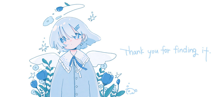 1girl angel blue_bow blue_bowtie blue_eyes blue_flower blue_hair blue_shirt bow bowtie commentary english_text flower halo head_tilt highres looking_to_the_side original sailor_collar shirt short_hair signature simple_background solo sskitaco white_background white_sailor_collar wings