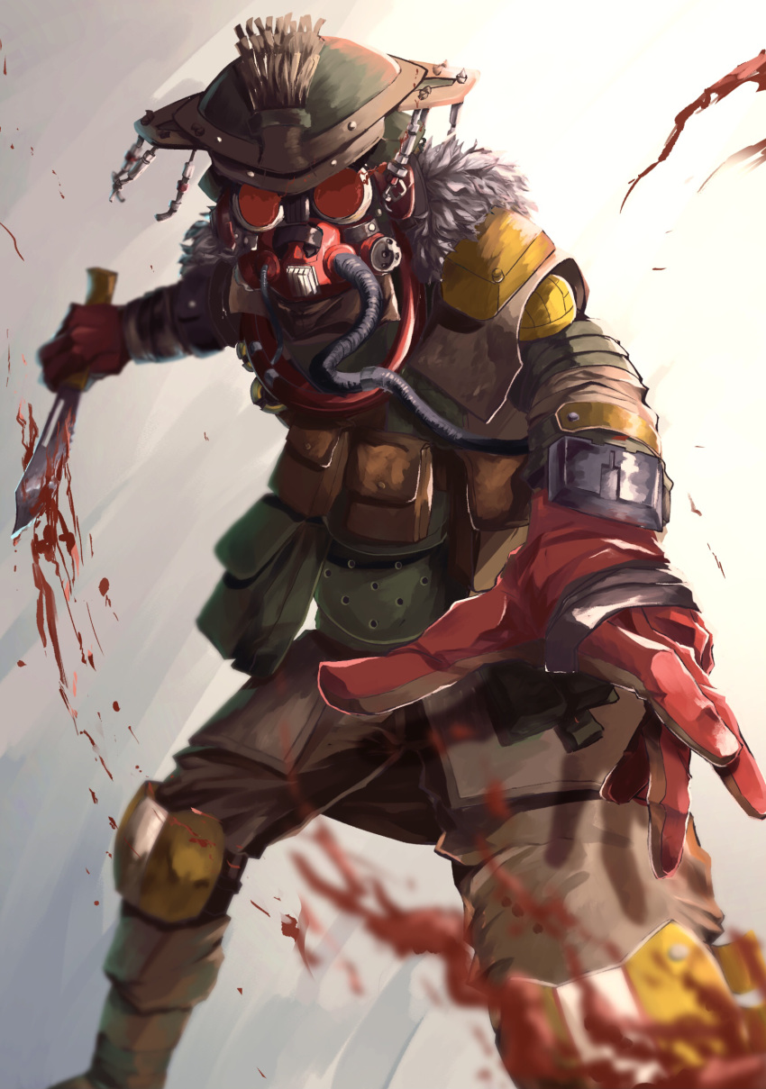 1other absurdres ambiguous_gender apex_legends blood bloodhound_(apex_legends) brown_jacket brown_pants cable fur_trim gloves glowing glowing_eyes goggles helmet highres holding holding_knife jacket knee_pads knife looking_at_viewer open_hand pants rebreather red_gloves solo torigo