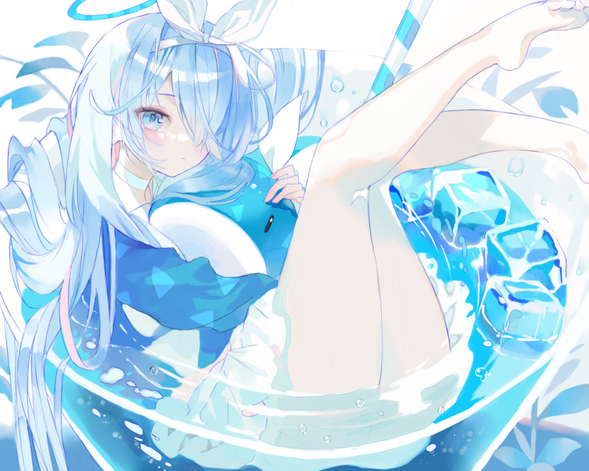 1girl air_bubble alternate_hair_length alternate_hairstyle arched_soles arona_(blue_archive) bare_legs barefoot blue_archive blue_eyes blue_hair blue_halo blue_shirt blue_theme blush bow bow_hairband bubble choker closed_mouth cup drink drinking_glass drinking_straw expressionless folded foot_out_of_frame hair_flowing_over hair_over_one_eye hairband halo highres hugging_doll hugging_object ice ice_cube in_container in_cup knees_together_feet_apart legs_up long_bangs long_hair long_sleeves looking_at_viewer marant38 miniskirt multicolored_hair one_eye_covered partially_submerged pink_streaks plantar_flexion pleated_skirt shirt skirt solo streaked_hair stuffed_whale toes traditional_halo two-tone_hair very_long_hair white_background white_bow white_choker white_hairband white_skirt