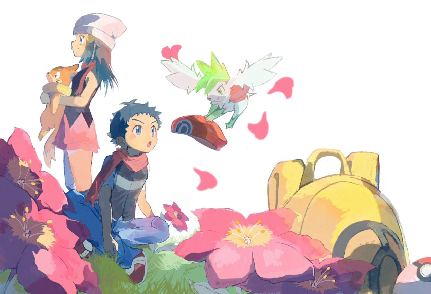 1boy 1girl akira_a_a alternate_form backpack bag beanie black_hair black_socks blue_eyes blue_hair blush breasts buizel closed_mouth flower flying gracidea green_fur hair_ornament hairclip hat highres hikari_(pokemon) holding holding_pokemon holding_unworn_clothes holding_unworn_hat long_hair lucas_(pokemon) open_mouth pants pink_skirt pokemon pokemon_(creature) pokemon_dppt red_hat scarf shaymin shaymin_(sky) shirt short_hair skirt sleeveless smile socks two-tone_fur unworn_hat unworn_headwear white_hat yellow_bag