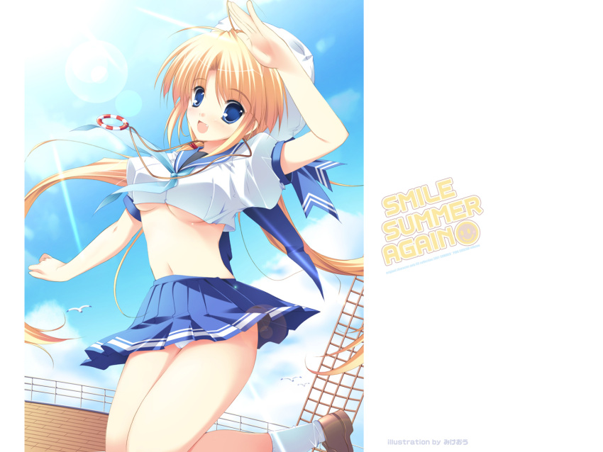 blue_eyes breasts happy hat highres jump jumping long_hair midriff mikeou panties pantyshot pleated_skirt ribbon ribbons sailor shoes skirt sky smile_summer_again socks solo sunlight twintails under_boob underboob underwear