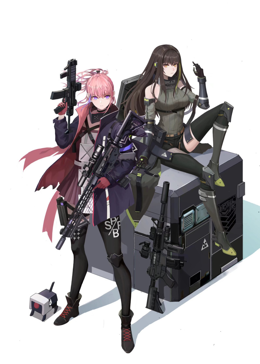 2girls ar-15 arm_up armor armored_boots assault_rifle bangs belt belt_buckle black_gloves black_legwear black_shorts blue_eyes boots box breasts brown_eyes brown_hair buckle character_request closed_mouth collar defy_(girls_frontline) detached_sleeves dress girls_frontline gloves green_hair gun hair_between_eyes hair_ornament headphones highres holding holding_gun holding_weapon jacket knee_pads long_hair long_sleeves looking_at_viewer m4_carbine m4a1_(girls_frontline) multicolored_hair multiple_girls pink_hair ponytail red_gloves rifle scope shadow shoelaces shorts sidelocks simple_background sitting st_ar-15_(girls_frontline) standing strap streaked_hair suppressor thigh-highs trigger_discipline weapon white_background zwc1271750321