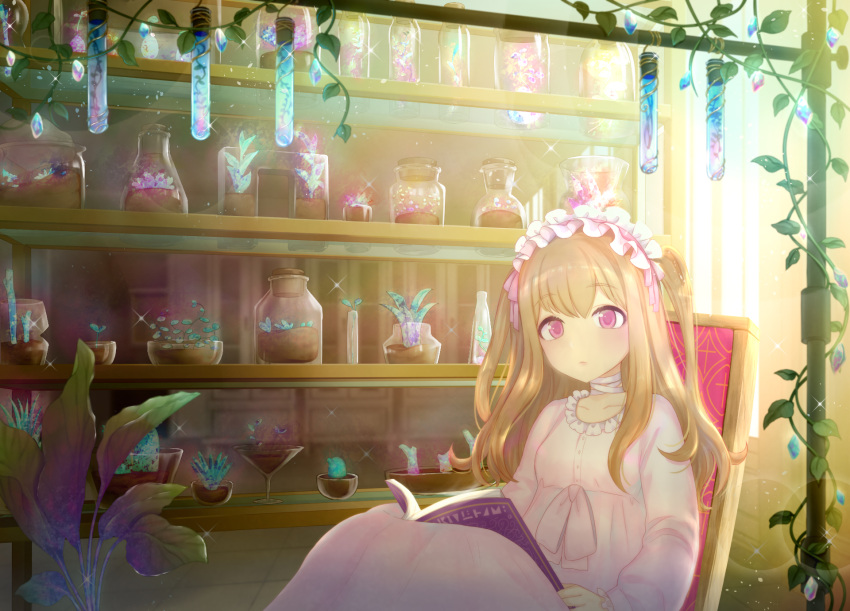 1girl bandages blonde_hair book chair highres indoors lens_flare long_hair long_sleeves maid_headdress mugu1 open_book original pink_eyes pink_pajamas plant potted_plant shelf sitting sparkle two_side_up vial vines