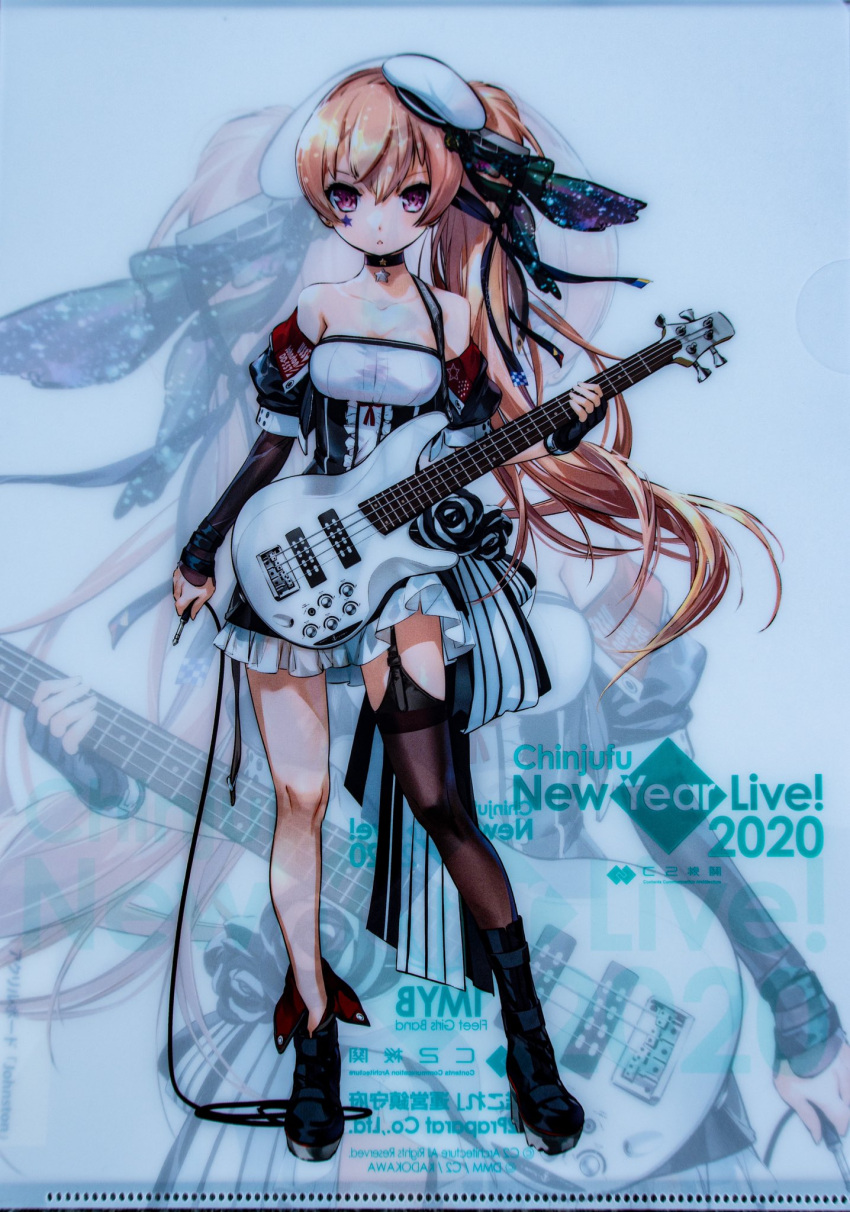 1girl alternate_costume alternate_hairstyle bare_shoulders bass_guitar black_footwear black_gloves black_legwear black_skirt boots breasts brown_eyes cable choker collarbone dress elbow_gloves electric_guitar full_body gloves guitar hair_ornament hair_ribbon high_heel_boots high_heels highres holding holding_instrument idol instrument johnston_(kantai_collection) kantai_collection light_brown_hair long_hair medium_breasts off-shoulder_dress off_shoulder official_art pleated_skirt ribbon scan scan_artifacts shirt side_ponytail single_elbow_glove single_glove single_thighhigh skirt solo thigh-highs two_side_up zeco