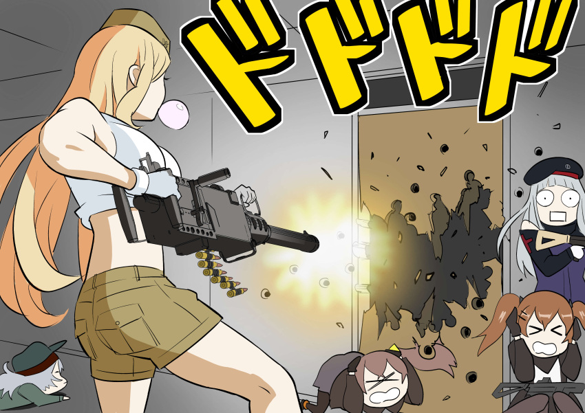 &gt;_&lt; 404_(girls_frontline) 5girls absurdres amehashi_(vdde3724) ammunition_belt assault_rifle beret blonde_hair brown_hair bubble_blowing bullet_hole chewing_gum commentary_request covering_ears ducking g11_(girls_frontline) girls_frontline gloves gun h&amp;k_hk416 h&amp;k_ump hat highres hk416_(girls_frontline) m2hb_(girls_frontline) machine_gun multiple_girls rifle silver_hair sound_effects submachine_gun surprised ump45_(girls_frontline) ump9_(girls_frontline) weapon xo