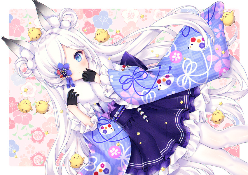 1girl animal animal_ear_fluff animal_ears artist_name azur_lane bangs bird black_gloves blue_eyes blue_kimono blush chick closed_mouth commentary_request dutch_angle eyebrows_visible_through_hair floral_background floral_print frilled_skirt frilled_sleeves frills gloves hair_ornament hair_over_one_eye hair_rings half_gloves has_bad_revision has_cropped_revision japanese_clothes kasumi_(azur_lane) kimono long_hair long_sleeves looking_at_viewer manjuu_(azur_lane) natsumii_chan pantyhose print_kimono purple_skirt skirt solo tail very_long_hair white_hair white_legwear wide_sleeves yagasuri