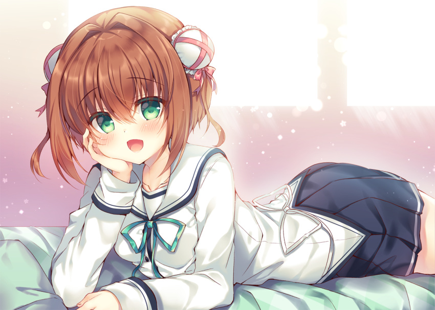 1girl :d arm_support asakura_yume bangs bed_sheet birthday black_skirt blush bow breasts brown_hair bun_cover chin_rest collarbone commentary_request da_capo da_capo_ii double_bun eyebrows_visible_through_hair green_eyes green_ribbon hair_between_eyes long_sleeves lying neck_ribbon on_stomach open_mouth pillow pleated_skirt red_bow ribbon sailor_collar school_uniform serafuku shirt skirt small_breasts smile solo suzunone_rena white_sailor_collar white_shirt