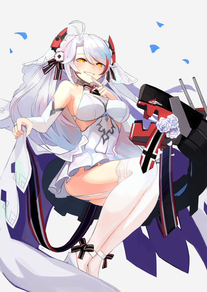 1girl absurdres antenna_hair ao_(1234painter) azur_lane bangs blush breasts bridal_gauntlets bridal_veil dress elbow_gloves eyebrows_visible_through_hair finger_to_mouth garter_straps gloves grey_background hair_between_eyes headgear highres large_breasts long_hair looking_at_viewer mole mole_on_breast multicolored_hair orange_eyes parted_lips prinz_eugen_(azur_lane) prinz_eugen_(symphonic_fate)_(azur_lane) redhead silver_hair simple_background smile solo streaked_hair swept_bangs teeth thigh-highs two_side_up veil very_long_hair wedding_dress white_dress white_gloves white_legwear