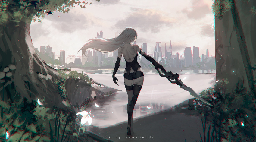 1girl android bare_shoulders black_footwear black_gloves black_legwear black_shorts blue_eyes boots breasts cityscape closed_mouth day dirty elbow_gloves erospanda floating_hair flower from_behind gloves grass half-closed_eyes high_heel_boots high_heels highres holding holding_weapon lake nier_(series) nier_automata no_blindfold outdoors petals profile robot_joints shorts shoulder_blades simple_background sketch sky solo standing strapless thigh-highs thigh_boots thighhighs_under_boots torn_clothes tree weapon white_flower yorha_type_a_no._2