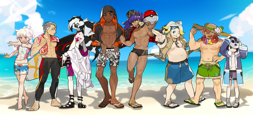 6+boys abs ball barefoot beach beachball beet_(pokemon) dande_(pokemon) dark_skin dark_skinned_male flower flower_necklace grey_hair gym_leader hat highres hood hoodie jewelry kabu_(pokemon) kibana_(pokemon) looking_at_viewer makuwa_(pokemon) male_swimwear mask mask_on_head multiple_boys muscle necklace nezu_(pokemon) onion_(pokemon) open_clothes open_hoodie pale_skin picube525528 poke_ball pokemon pokemon_(game) pokemon_swsh purple_hair sandals shirt smile straw_hat surfboard swim_briefs swim_trunks swimwear yarrow_(pokemon)