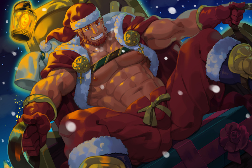 1boy abs bara beard biceps cape chest christmas denim facial_hair fate/grand_order fate_(series) gloves gorokyu hat highres jeans leather looking_at_viewer male_focus nipples open_clothes pants pectorals red_eyes redhead rider_(fate/zero) santa_costume santa_hat smile solo teeth