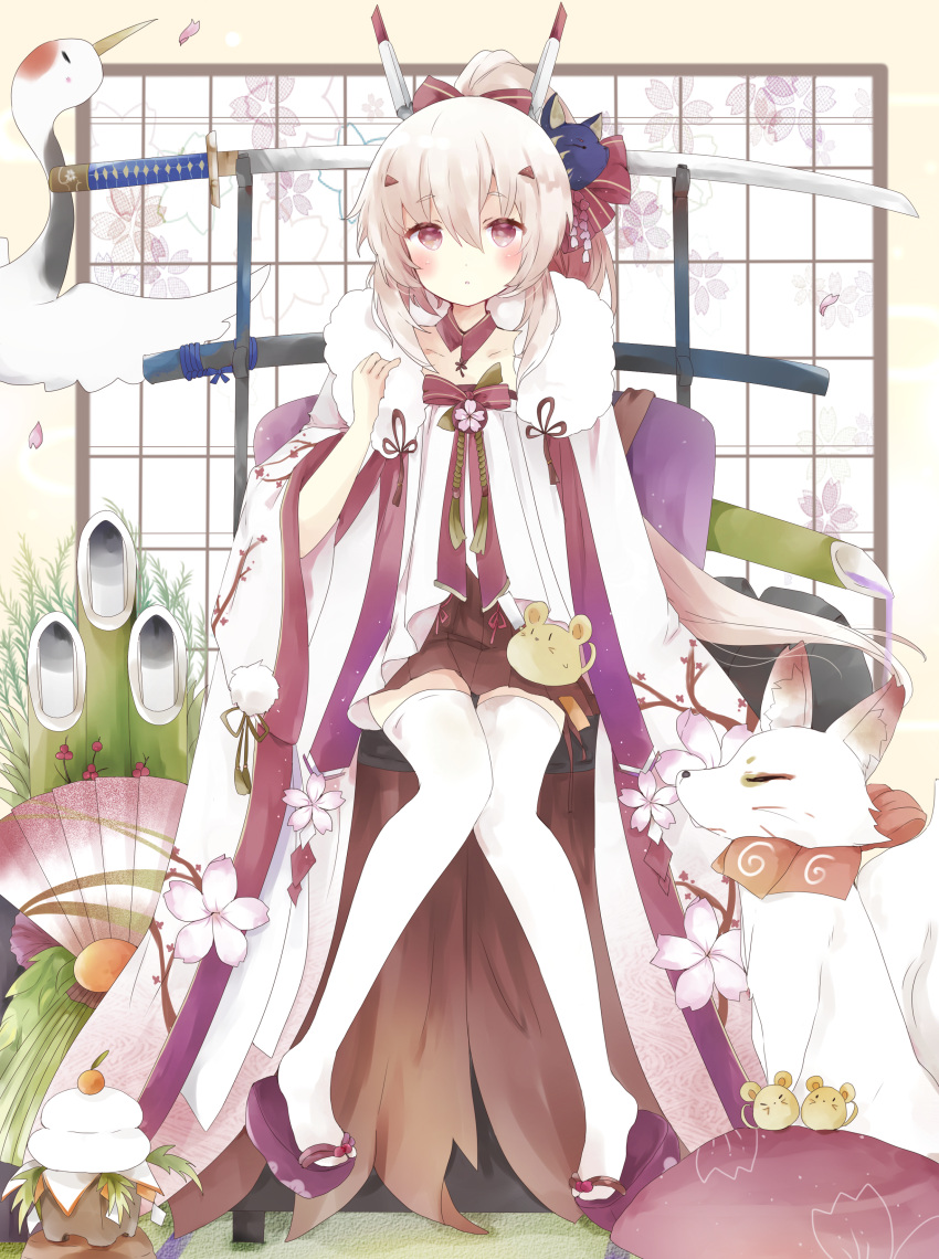 1girl :o absurdres animal ayanami_(azur_lane) azur_lane bamboo bangs bird blush bow brown_eyes brown_hair brown_skirt chinese_zodiac collarbone commentary english_commentary eyebrows_visible_through_hair fox_mask full_body fur_collar hair_between_eyes hair_bow hand_up headgear high_ponytail highres japanese_clothes kadomatsu kagami_mochi katana kimono long_hair long_sleeves looking_at_viewer mask mask_on_head mouse open_clothes open_kimono parted_lips petals pigeon-toed pleated_skirt ponytail purple_footwear red_bow sheath sheathed sitting skirt solo striped striped_bow sword thigh-highs tsukiyo_(skymint) weapon white_kimono white_legwear wide_sleeves wolf year_of_the_rat