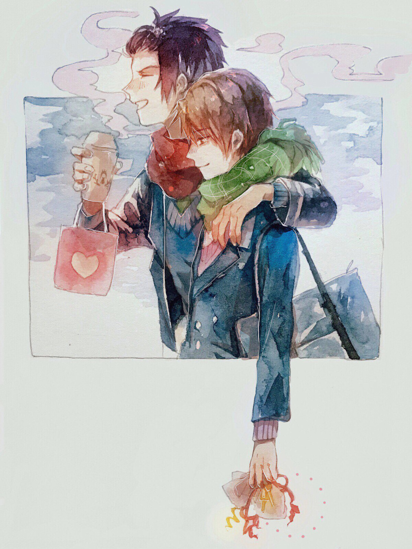 2boys bag blush brown_hair coffee_cup condensation_trail cup disposable_cup frame from_side green_scarf heart highres hug laughing multiple_boys original outstretched_arm photo red_scarf scarf school_uniform simple_background smile sweater traditional_media umauma623 upper_body watercolor_(medium) white_background