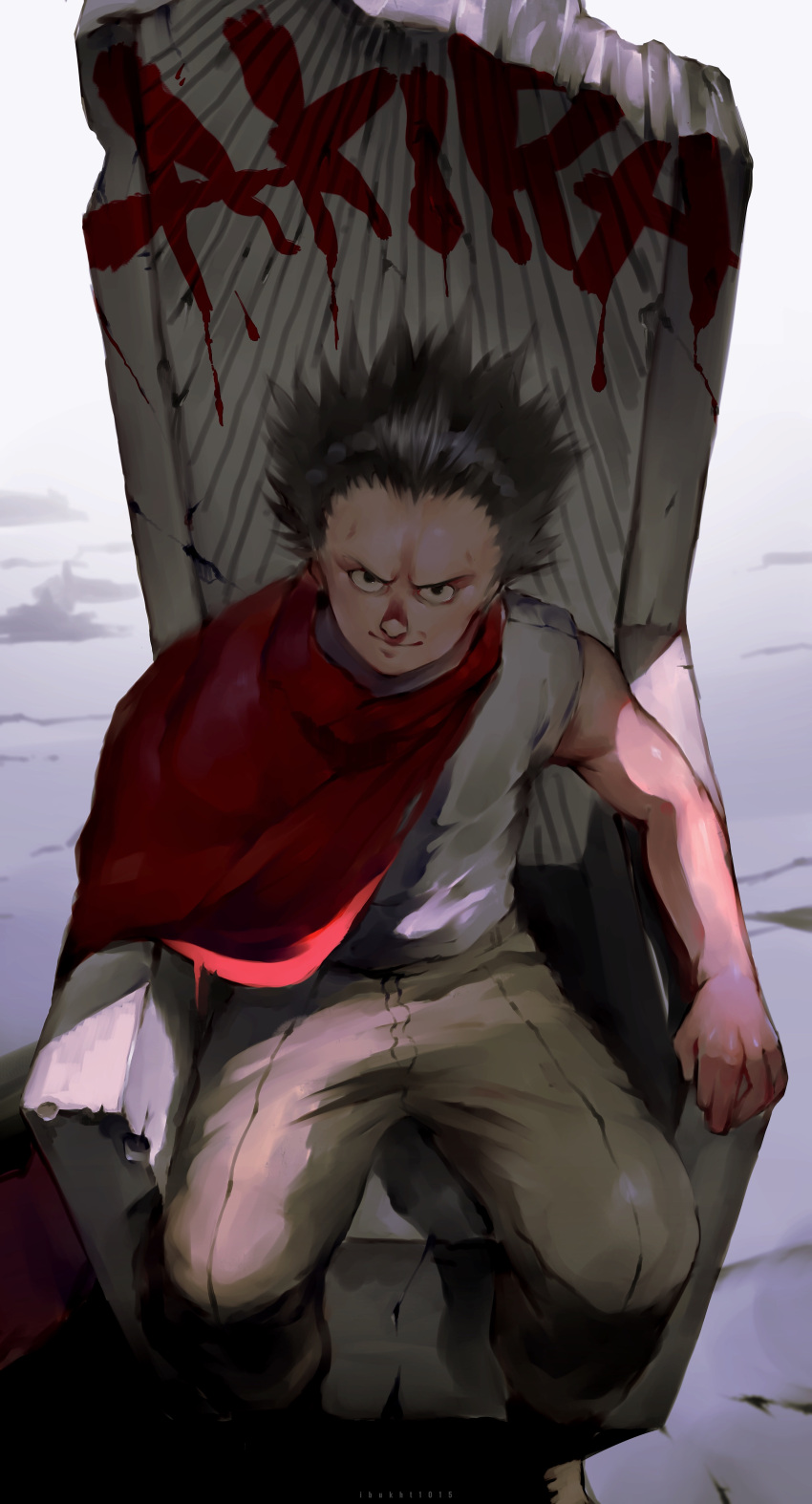 1boy absurdres akira bare_arms black_eyes black_hair broken brown_footwear brown_pants cape chair closed_mouth cracked cracked_floor densen_(itoguchi) graffiti highres looking_up male_focus outdoors pants red_cape sawamura_tetsuo sitting smile solo spiky_hair throne torn_clothes