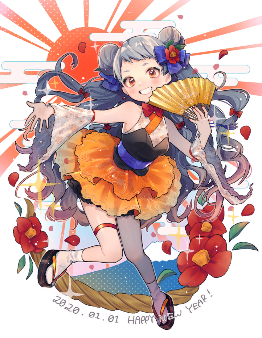 1girl bare_shoulders black_footwear black_shirt bow breasts commentary_request dated detached_sleeves double_bun egasumi fan flower folding_fan full_body grey_hair hair_bow hand_up happy_new_year highres holding holding_fan kouhara_yuyu layered_skirt long_hair long_sleeves nail_polish new_year orange_skirt original outstretched_arm petals red_bow red_flower red_nails shirt skirt sleeveless sleeveless_shirt small_breasts solo sun_(symbol) tabi very_long_hair white_legwear wide_sleeves zouri