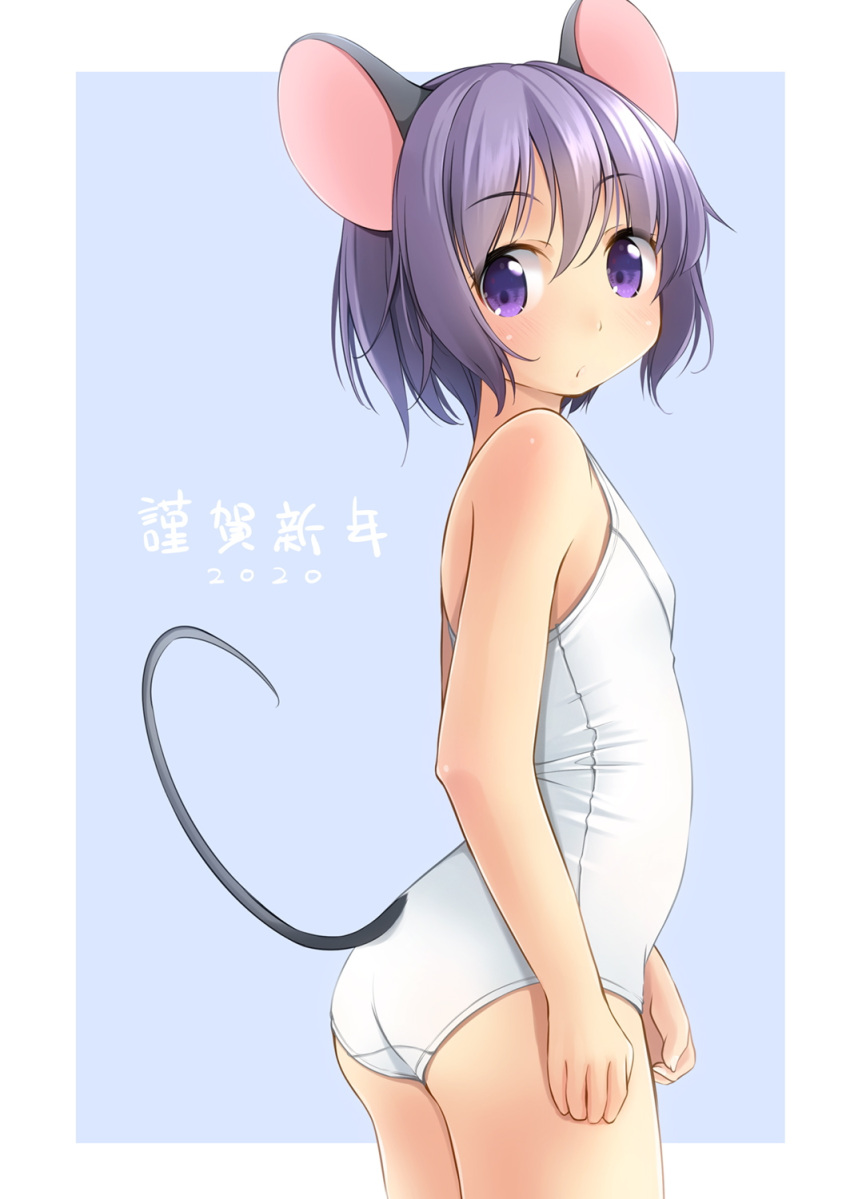 1girl 2020 animal_ears ass bangs bare_arms bare_shoulders blue_background blush chinese_zodiac closed_mouth commentary_request cowboy_shot derivative_work eyebrows_visible_through_hair hair_between_eyes highres looking_at_viewer looking_back mouse_ears mouse_girl mouse_tail nengajou new_year one-piece_swimsuit original purple_hair school_swimsuit shibacha solo swimsuit tail thighs two-tone_background violet_eyes white_background white_swimsuit year_of_the_rat