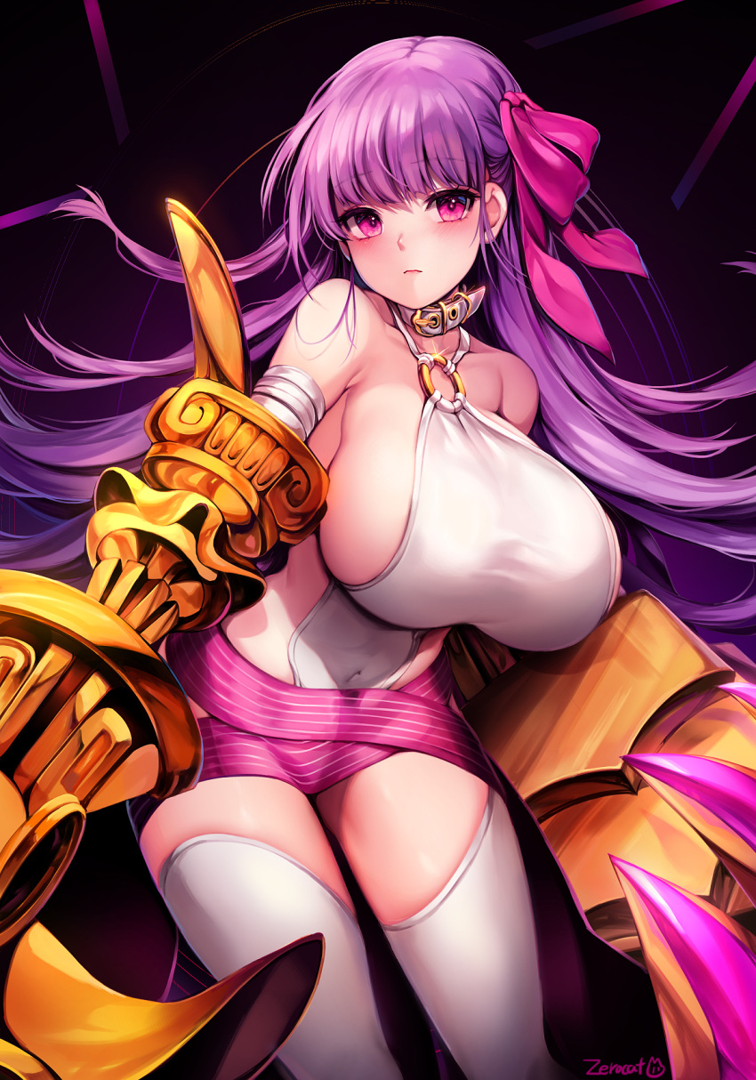 1girl bangs bare_shoulders belt_collar black_background blush breasts claw_(weapon) claws closed_mouth collar collarbone commentary covered_navel eyebrows_visible_through_hair fate/grand_order fate_(series) hair_ribbon highres huge_breasts long_hair looking_at_viewer o-ring o-ring_top painteen passion_lip pink_eyes pink_ribbon purple_hair revealing_clothes ribbon sideboob simple_background solo thigh-highs weapon white_collar white_legwear