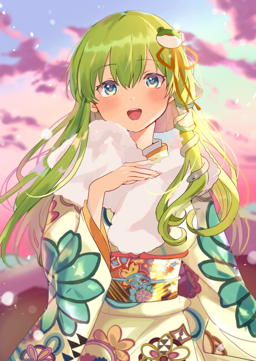 1girl :d alternate_costume bangs beige_kimono blue_eyes blush breasts clouds commentary_request day eyebrows_visible_through_hair feather_boa floral_print frog_hair_ornament green_hair hair_between_eyes hair_ornament hair_ribbon hair_tubes highres japanese_clothes kimono kochiya_sanae long_hair long_sleeves looking_at_viewer medium_breasts open_mouth outdoors red_ribbon ribbon satoupote sidelocks smile snake_hair_ornament solo touhou upper_body wide_sleeves