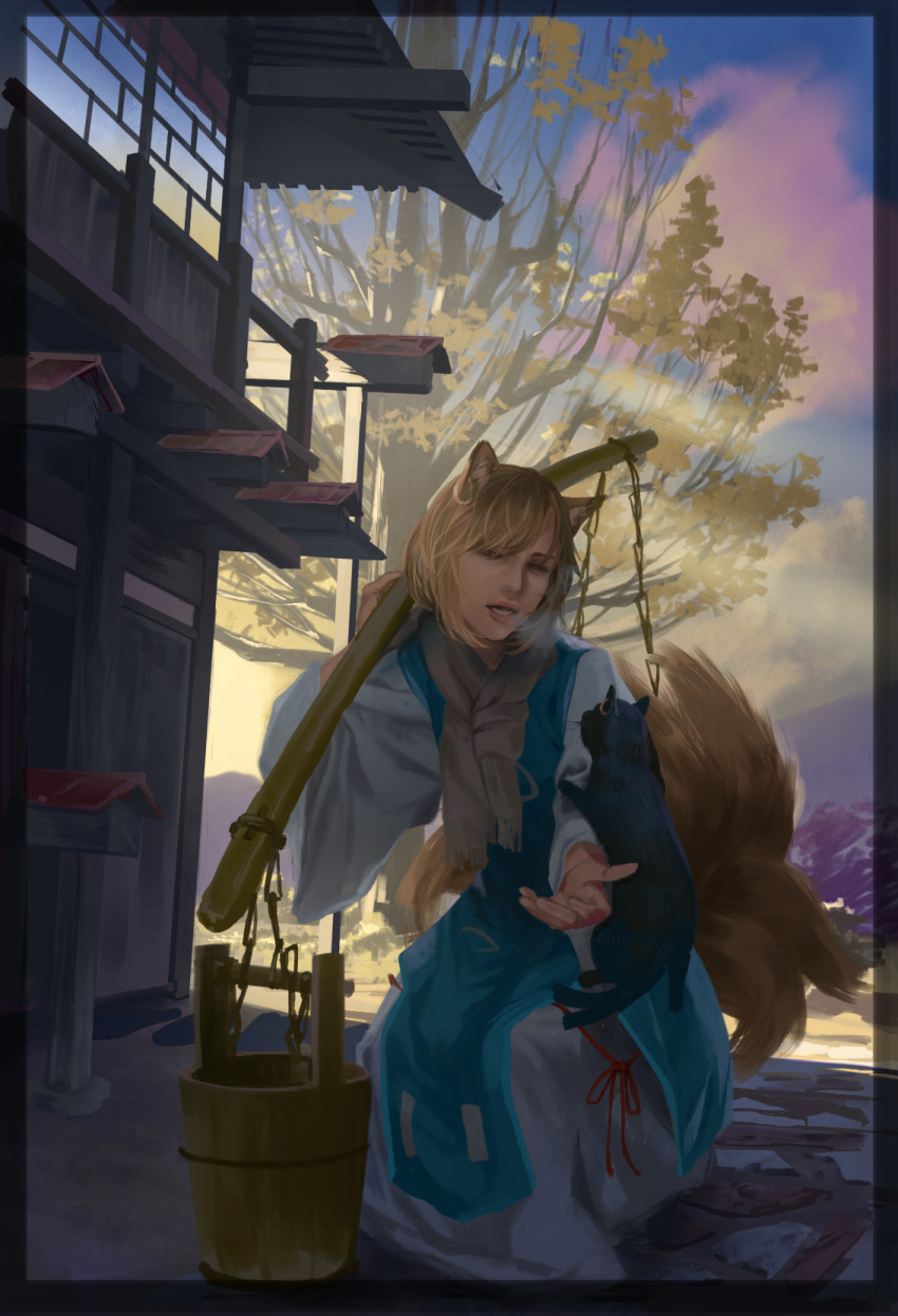1girl animal_ears animal_on_arm architecture bangs black_border blonde_hair blue_sky border breath brown_scarf bucket carrying_pole cat_on_person chain chen chen_(cat) clouds cobblestone commentary_request day dress east_asian_architecture fox_ears fox_tail hidebo highres jewelry lips looking_down lower_teeth multiple_tails nekomata no_headwear nose open_mouth outdoors outstretched_arm parted_lips scarf short_hair single_earring sky solo squatting tabard tail touhou tree white_dress yakumo_ran