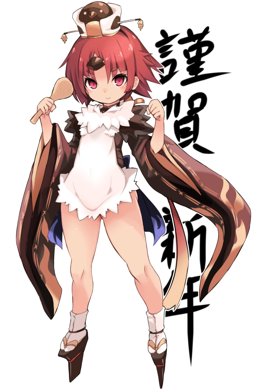 1girl apron bangs benienma_(fate/grand_order) black_footwear brown_hair brown_headwear brown_kimono closed_mouth commentary_request eyebrows_visible_through_hair fate/grand_order fate_(series) full_body hands_up hat highres holding holding_spoon japanese_clothes karukan_(monjya) kimono long_hair long_sleeves looking_at_viewer low_ponytail outline parted_bangs platform_footwear ponytail red_eyes simple_background smile solo spoon standing tabi thick_eyebrows translation_request very_long_hair white_apron white_background white_legwear white_outline wide_sleeves wooden_spoon