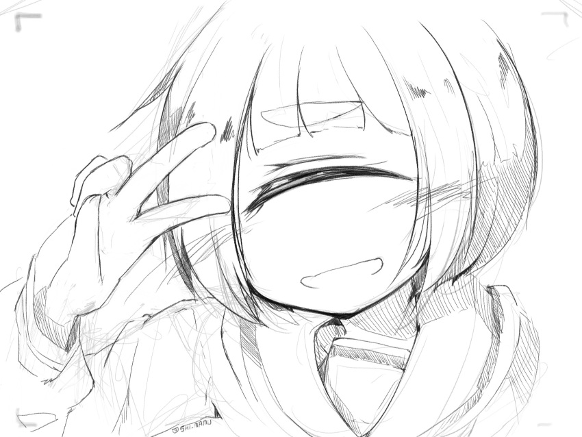 1girl bangs blunt_bangs closed_eyes collarbone cyclops eyebrows_visible_through_hair greyscale highres monochrome one-eyed original portrait pose school_uniform serafuku shima_(sh1mamu) simple_background sketch smile solo thick_eyebrows v viewfinder white_background