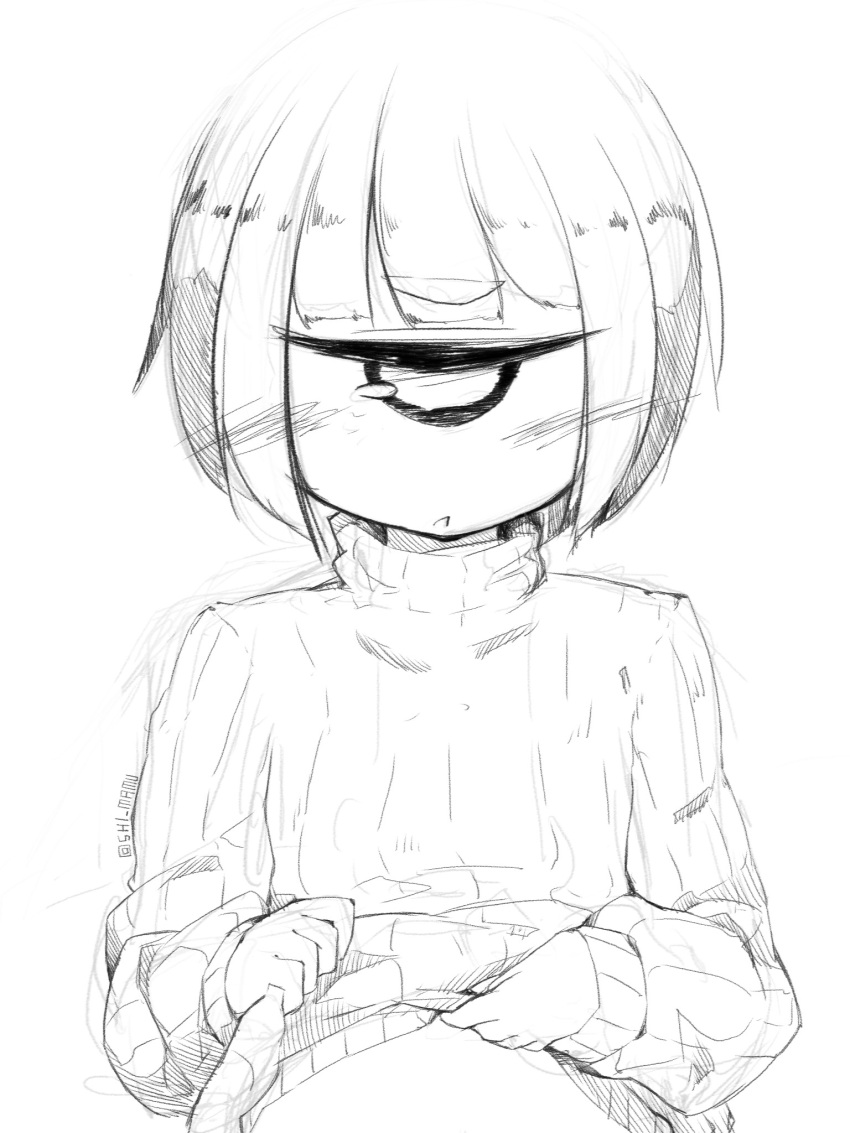 1girl :&lt; bangs belly blunt_bangs blush clothes_lift cyclops greyscale highres looking_at_viewer monochrome one-eyed original ribbed_sweater shima_(sh1mamu) sidelocks signature simple_background sketch solo sweater sweater_lift thick_eyebrows twitter_username upper_body white_background