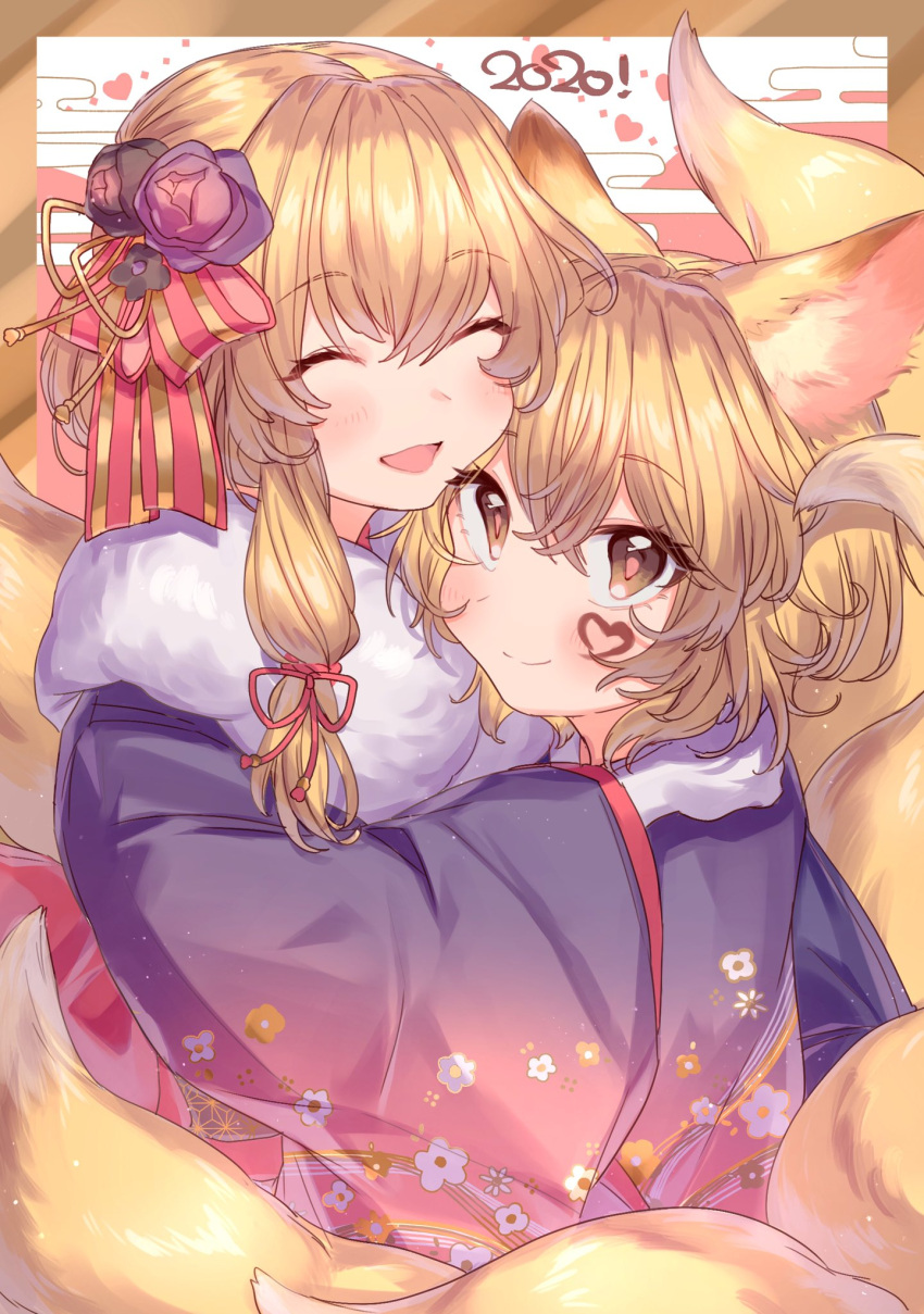 2020 2girls :d ^_^ alternate_costume animal_ears bangs blonde_hair blush border bow brown_border brown_eyes closed_eyes commentary_request eyebrows_visible_through_hair facial_mark flower fox_ears fox_tail fur_collar gloves hair_between_eyes hair_bow hair_flower hair_ornament hair_ribbon heart highres hug japanese_clothes kimono long_sleeves looking_at_viewer masanaga_(tsukasa) multiple_girls multiple_tails no_hat no_headwear open_mouth outside_border purple_flower purple_kimono purple_rose red_bow red_ribbon ribbon rose short_hair smile tail touhou white_gloves yakumo_ran yakumo_yukari