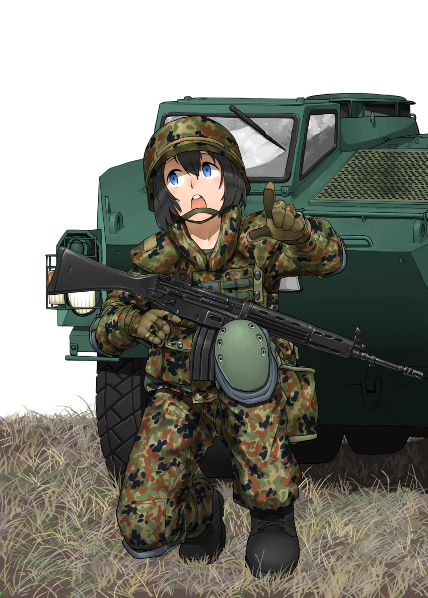 1girl absurdres anyan_(jooho) black_footwear black_hair blue_eyes boots camouflage camouflage_jacket camouflage_pants commentary_request full_body gloves grass gun hair_between_eyes helmet highres holding holding_weapon knee_pads korean_commentary long_sleeves looking_away looking_to_the_side military military_uniform military_vehicle one_knee open_mouth original pants pointing pointing_at_viewer rifle short_hair solo teeth tire uniform weapon weapon_request white_background