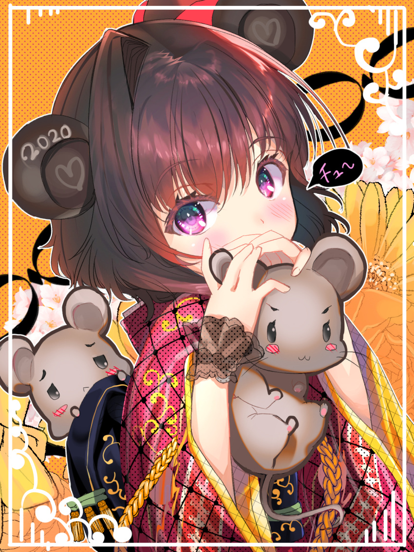 1girl 2020 :3 animal animal_ears bangs blush blush_stickers brown_hair chinese_zodiac closed_mouth commentary_request covered_mouth eyebrows_visible_through_hair floral_background grey_eyes hair_between_eyes hands_up heart highres holding holding_animal japanese_clothes kimono long_sleeves looking_at_viewer mouse mouse_ears orange_background original red_kimono see-through single_hair_intake solo tonchan violet_eyes wide_sleeves year_of_the_rat