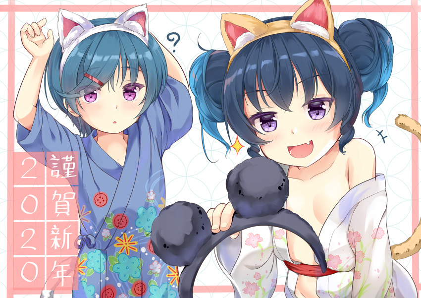 +++ 2020 2girls :d ? animal_ear_fluff animal_ears arms_up bangs blue_hair collarbone commentary_request double_bun eyebrows_visible_through_hair eyes_visible_through_hair fake_animal_ears fang floral_print gradient_hair hair_ornament hair_up hairband hairclip looking_at_viewer migumi_(niiya) minami_(niiya) multicolored_hair multiple_girls niiya off_shoulder open_clothes open_mouth original single_bare_shoulder smile swept_bangs tail violet_eyes
